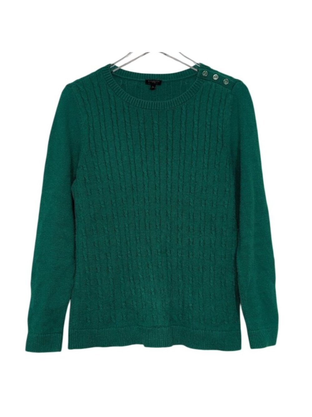 Talbots Cable Knit Sweater Womens Petite Size Large Green Shoulder Button Detail